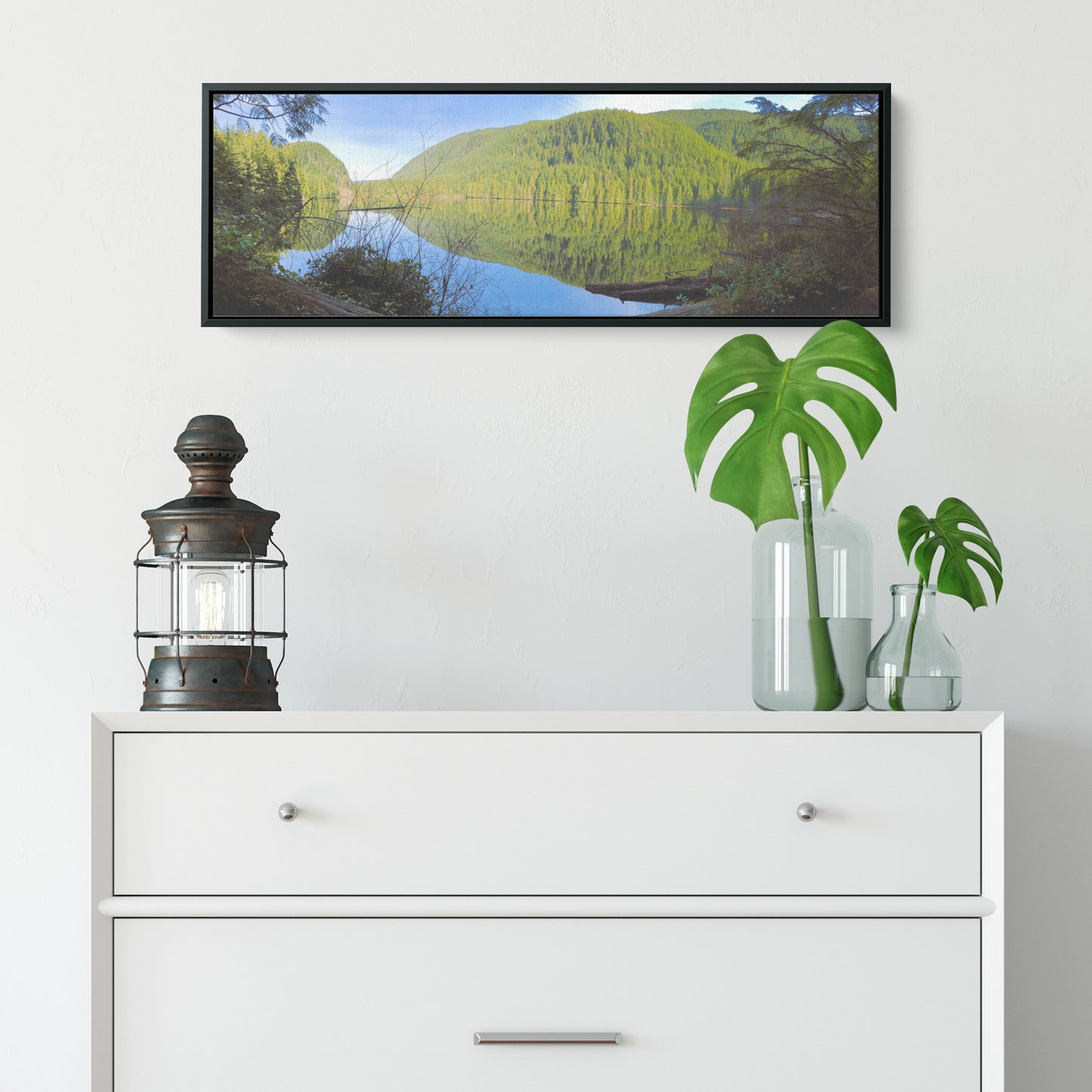 Wallace Falls Lake Panoramic Framed Canvas